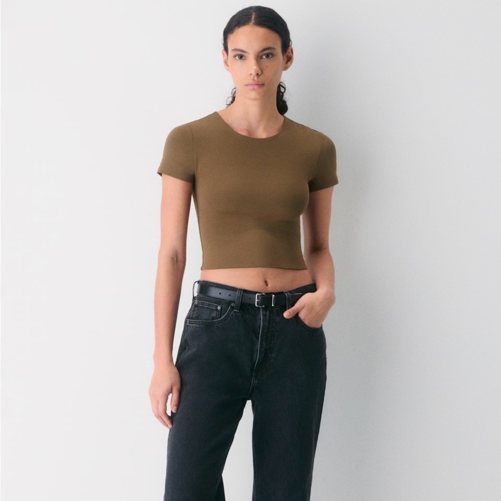 Aritzia Babaton Women's Taupe Contour Short Sleeve Waist Tee